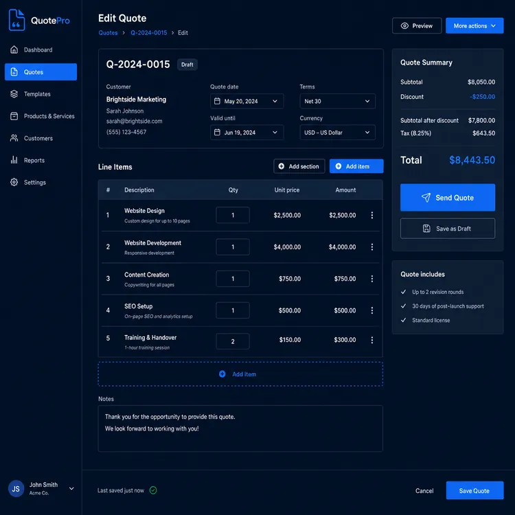 A custom quote and estimate builder web app